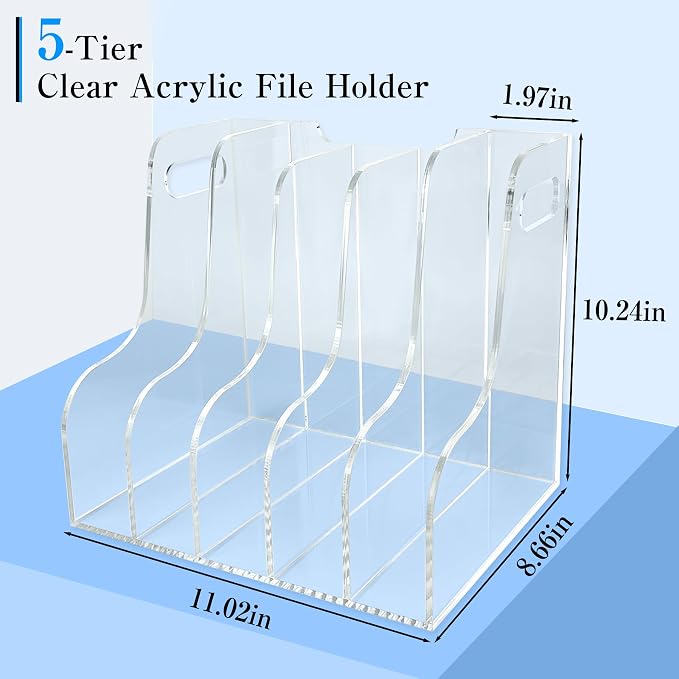 5-Tier Clear Acrylic File Holder, Vertical Document Organizer for Magazines, Binders, Notebooks & Envelopes - Multi-Purpose Desk Storage for Home Office（A4,5 Sections）