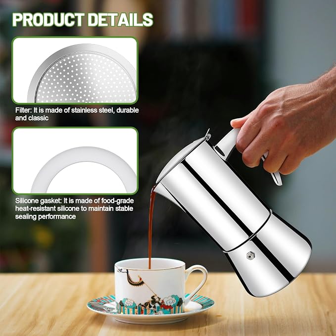 2 Pcs Filter with 3 Pcs Silicone Gasket Seals for 6 Cup Stovetop Espresso Coffee Maker Replacement Parts for 304 Stainless Steel Moka Pot