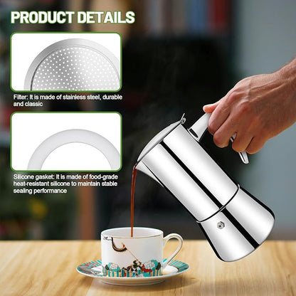 2 Pcs Filter with 3 Pcs Silicone Gasket Seals for 6 Cup Stovetop Espresso Coffee Maker Replacement Parts for 304 Stainless Steel Moka Pot