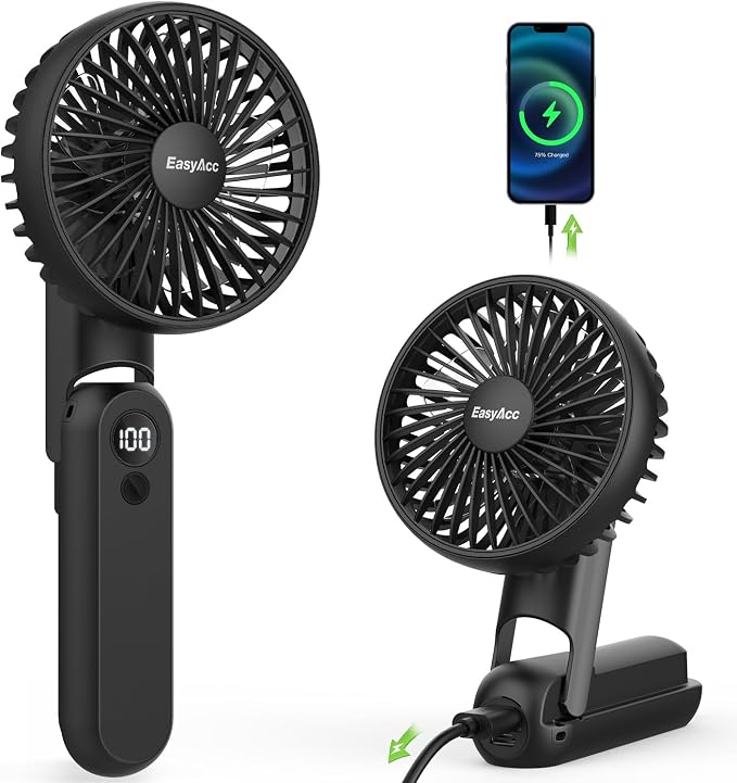 EasyAcc Portable Rechargeable Cooling Fan, 5000mAh Foldable Desk Fan, Black | Up to 32 hours World Cup Match Day Essential. 180° foldable design with lanyard
