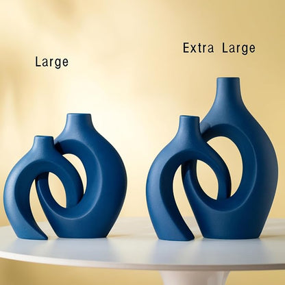 Lvases Blue Snuggle Hollow Ceramic Vase Minimalist Decorative Vases of 2 | 11 Inch Nordic Boho Decor Home Flower Vases for Living Room Coffee Table, Bookshelf Mantle & Entryway Pampas Grass Display