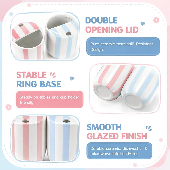 2 Pcs Ceramic Mug with Sip Hole 10 oz Novelty Pink Light Blue Striped Coffee Mug Hand Painted Ceramic Cup Heat Resistant Non Slip Built in One Lid Handcraft Mugs for Coffee Lovers Gift
