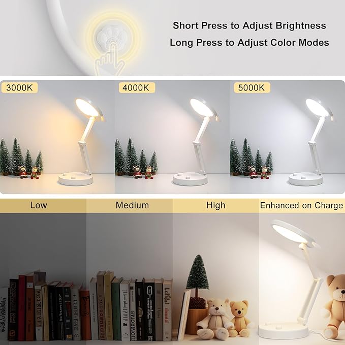 Boncoo Rechargeable Lamp, Cute Bear Battery Operated Desk Lamp Portable & Foldable, LED Cordless Lamp Dimmable with 3 Color Modes, Eye Caring Table Light Small Desk Lamps for Home Office Dorm