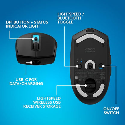 Logitech G305 X Superlight Wireless Gaming Mouse - Black | 59g Lightweight, 44K DPI, 678 IPS, Wireless 2.4 GHz/Bluetooth/USB-C, <170 hr Battery, 6 buttons, RGB, PC/Mac Compatible