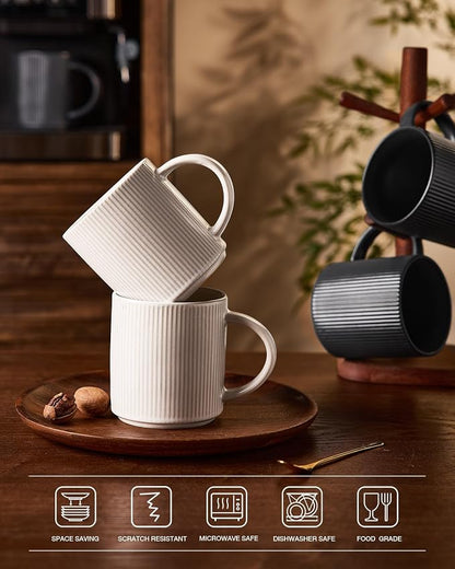 famiware Coffee Mug Set for 6, Star 16 oz Catering Mugs Cup Set with Handle for Coffee, Tea, Cocoa, Milk - Ceramic Stoneware Drinkware Set, Matte White + Matte Black