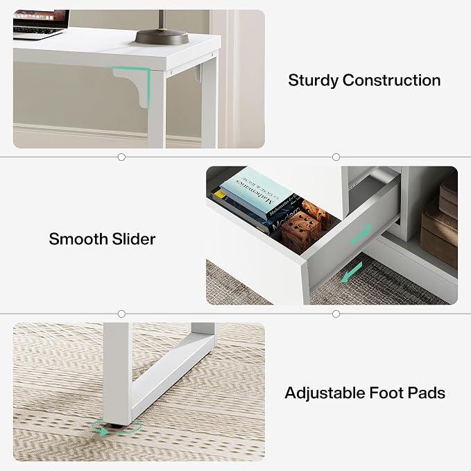 Tribesigns L-Shaped Computer Desk with Drawers and Shelves, Reversible White Corner Office Desk with Storage Cabinet, Modern Study Writing Table for Home Office, Bedroom