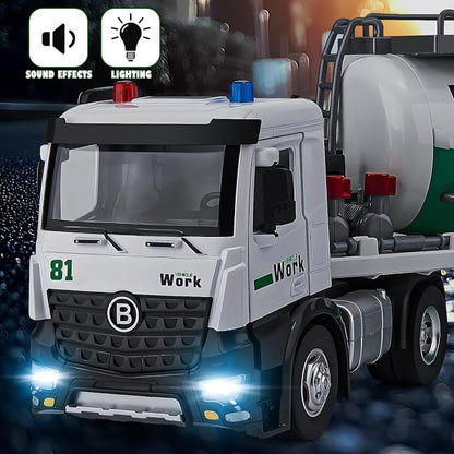 HAPYAD Diecast Semi Truck Toy, Big Tractor Trailer for Boys Toddlers, 18.2" | Large Tanker Truck, Metal Cab, Lights and Sounds, Working Water Pump, Friction Powered Truck and Trailer Toys for Boys Kids