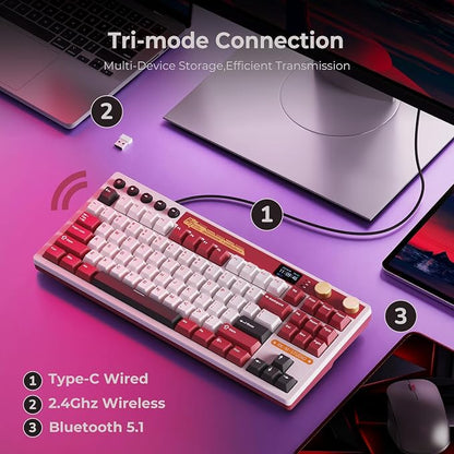RK ROYAL KLUDGE M87 Wireless Gaming Keyboard with Screen & Dual Knobs, Red | Bluetooth/2.4G/Wired, Hot Swappable Cream Switches, 5-Layer Noise Dampening Gasket Structure,Compact 75% Size for PC/WIN/Mac