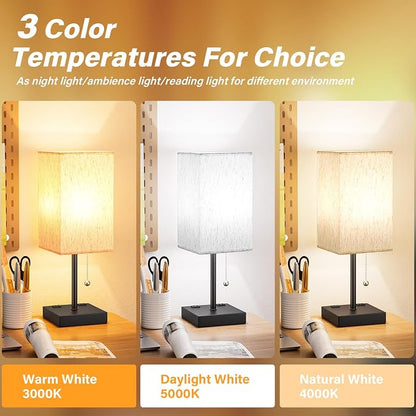 Bedside Lamp for Bedroom - 3 Color Temperatures, USB A+C, 2 AC Outlets | Pull Chain Switch, LED Bulb Included, Cream Fabric Shade, 17.4" Table Lamp for Nightstand, Desk, Living Room, Office