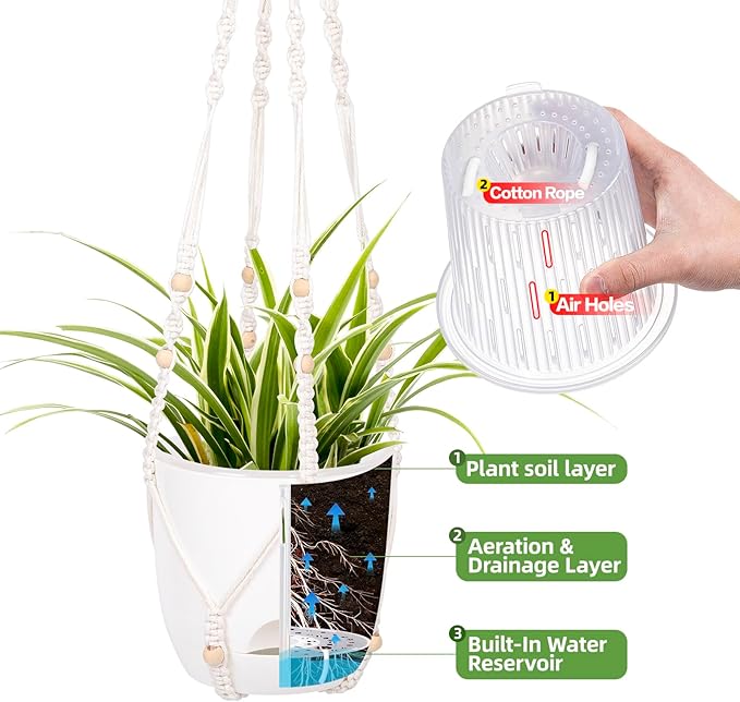 2-Pack 7.1-Inch Self-Watering Orchid Hanging planterS for Indoor & Outdoor baskets,34Inch Macrame Hanger Plant Pots Indoor with Drainage,Small Hanging Planters,With Two Sets of Hooks（Pure white）