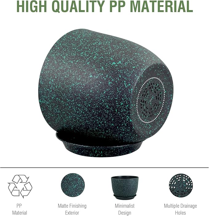 12 inch Large Plant Pots, Plastic Planters with Drainage Holes and Saucers, Flower Pots for Indoor Outdoor Plants, Decorative Pots for Garden House Plants, Black with Green Speckles