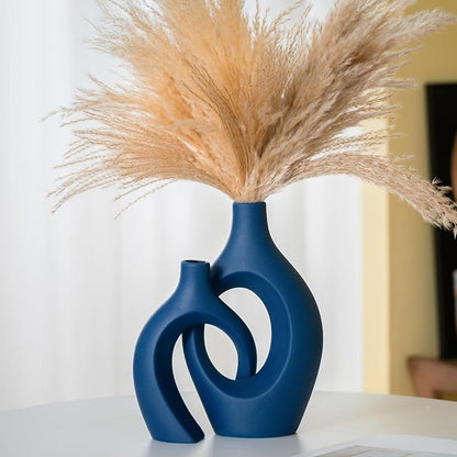 Lvases Blue Snuggle Hollow Ceramic Vase Minimalist Decorative Vases of 2 | 11 Inch Nordic Boho Decor Home Flower Vases for Living Room Coffee Table, Bookshelf Mantle & Entryway Pampas Grass Display