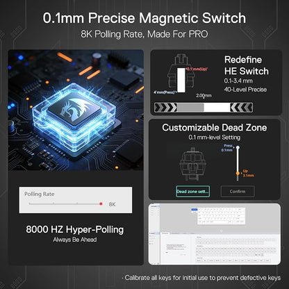 Redragon K617 HE Wired Hall-Effect Rapid Trigger Magnetic Gaming Keyboard | 8K Polling Adjustable Actuation, 61 Keys Design for More Room to Aim, Swap-Ready Socket for Mod, RGB Pro Software Supported