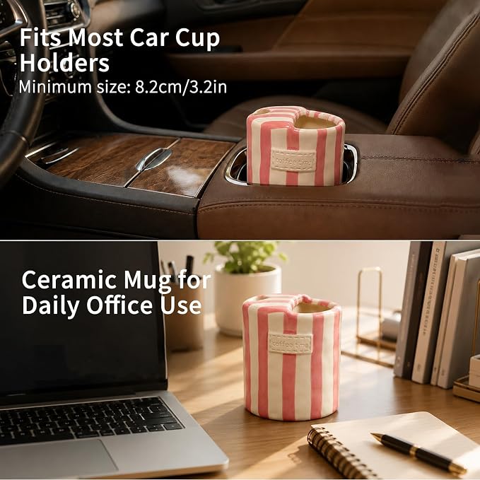 Ceramic Coffee Mug with Sip Hole, 12oz Striped Ceramic To Go Coffee Cup, Cute Aesthetic Mug for Espresso Latte Cappuccino, Handmade Glazed Cup for Home Office Gift Use, Pink