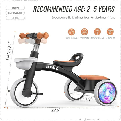 SEREED Colorful Lighting Toddler Tricycle for 2-5 Years Old Boys, Adjustable Seat&Handlebar Trike, Removable Basket, Birthday Gift Idea for Kids Ages 2+ (Black)