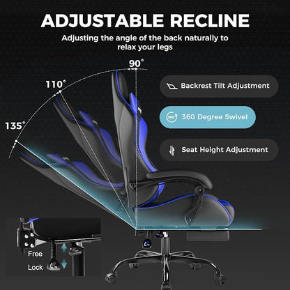 GTPLAYER Gaming Chair, Computer Chair with Footrest and Lumbar Support, Height Adjustable Game Chair with 360°-Swivel Seat and Headrest and for Office or Gaming (Faux Leather, Blue)