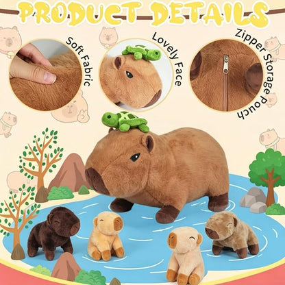 Youthfuljive 5 in 1 Capybara Plush 14.2" Capybara Stuffed Animal with Babies Inside, Mommy Stuffed Capybara Plushies Pillow Toys with 4 Baby Capibaras Peluches for Kids Birthday Party Decor