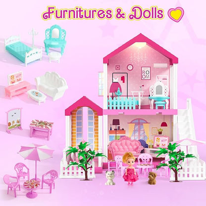 TUZT 2-Story Doll House with Stairway, Toy Figure, Pet Dogs, Furniture and Accessories, Pretend Play Dream Dollhouse with Light, Christmas Birthday Gifts for Kids Toddlers Girls Aged 3 4 5 6