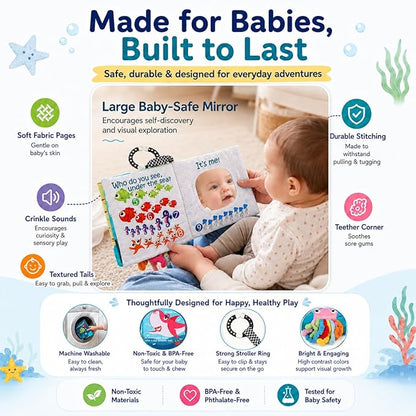 Fish Baby Books Toys, Touch Feel Cloth Crinkle Books for Babies,Baby Infant Toys 0-6, 6-12,12-18 Months,Newborn,Early Learning Education, Baby Gifts Shower for Boys Girls,Teething, Mirror,Shark Ocean