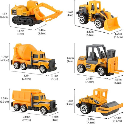 BenRich 6Pcs Mini Die Cast Car 1/64 Scale Alloy Construction Truck Vehicle Model Toy Set - Dump, Excavator, Forklift, Road Roller, Bulldozer, Mixer - Toy Cars for Kids Boys Girls Birthday Xmas Present