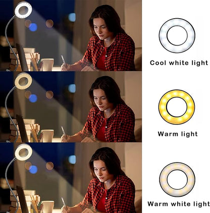 Foneso Desk Lamp Clip on Light, 48 LED USB Lamp with 3 Color Modes 10 Brightness Levels, 360° Flexible Gooseneck Eye Protection Bed Night Light for Reading, Makeup, Fill Light (Black)