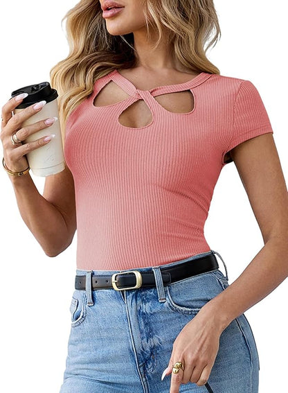 Pink Queen Sexy Tops for Women Cutout Keyhole Neck Cap Sleeve Shirts Casual Summer Clothes 2026 Fashion