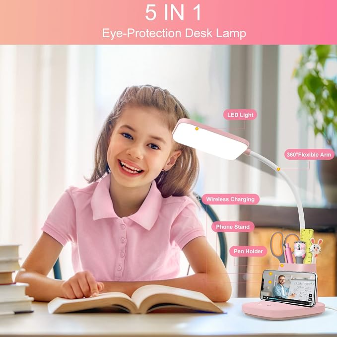 LED Desk Lamp with 10W Wireless Charging & Pen Holder, Pink | CRI 95, 800LM, Stepless Dimming, 3 Modes, 360°Flexible Arm, Touch, Study Table Lamp for Home Office, Dorm Room, with Adapter