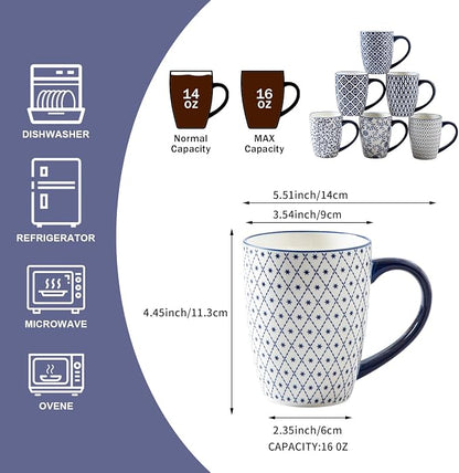 Ceramic Coffee Mugs Set - 16 Oz Large Porcelain Tea Cups with Handle for Men Women Latte Cocoa Cappuccino - Christmas Housewarming Gift - Dishwasher Safe - Set of 6 - Vintage Blue