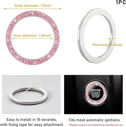 Kewucn Bling Crystal Double Rhinestone Car Engine Start Decoration Ring, Sparkling Push Start Button Sticker, Key Ignition & Knob Ring Decoration, Bling Car Interior Accessory(Pink)