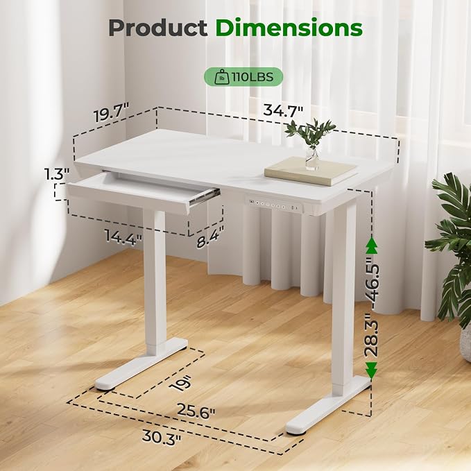 35" Electric Standing Desk with Drawer, 4 Lockable Wheels | Height Adjustable Quick Install One-Piece Tabletop with USB Charging Port, Small Sit to Stand up Desk for Home Office, White