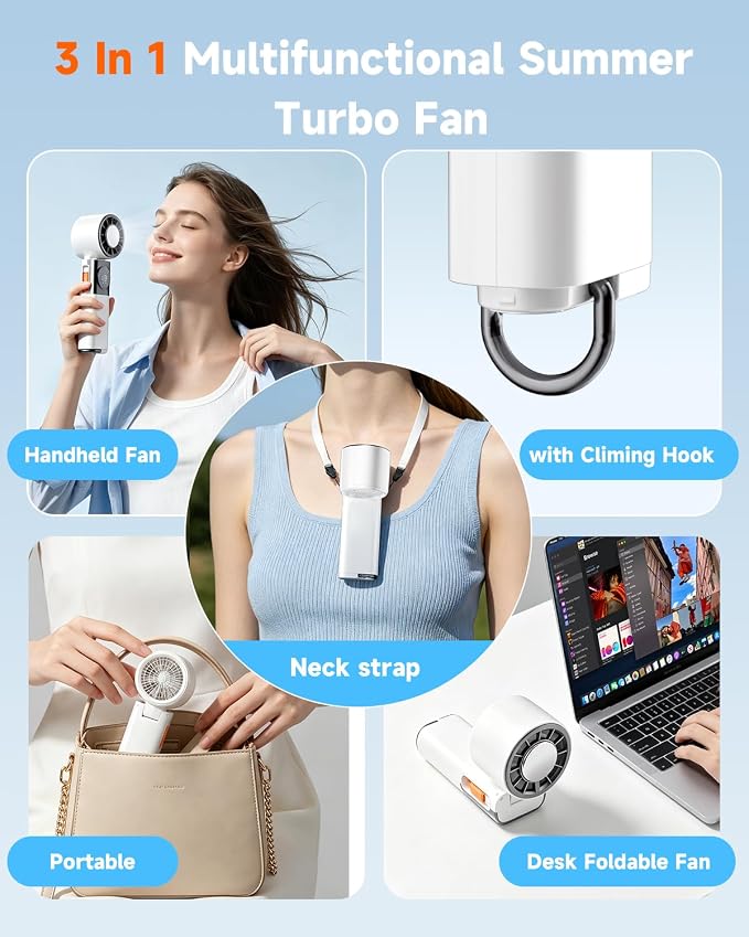Handheld Turbo Fan 5000mAh Cooling Fan with TEC Semiconductor Fast Chilling, 5 Speeds, 135° Foldable & 360° Airflow, USB Output for Phone Charging, Portable Desktop or Neck Fan for Travel Outdoor Home