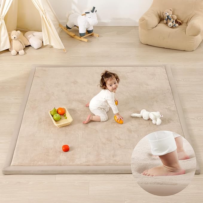 1.3" Thick Baby Play Mat for Floor, 79x79 Large Foam Tummy Time Mat, Padded Support Soft Plush Nursery Rug for Infant Kids Toddler Crawling Kick Activity (Beige)
