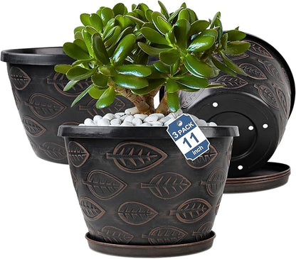 3 Pack Flower Pots Outdoor 11 Inch Plant Pots Indoor, Large-Plastic-Plant-Flower-Planters-Pots with Drainage Hole & Tray, Modern Decorative Garden Pot with Saucer(Brown)