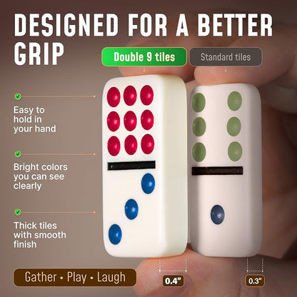 Queensell Double 9 Dominos Set for Adults and Kids with Colored Dots – Classic Dominoes Game Set with 55 Tiles, Wooden Hub, Trains and EVA Carrying Case