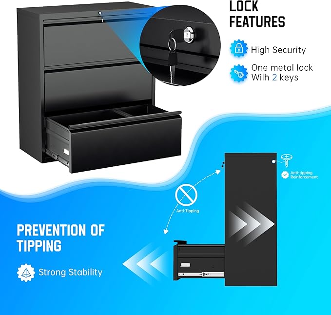 Greenvelly Lateral File Cabinet with Lock,3 Drawer Metal Filing Cabinet for Home Office, Black Steel Lateral File Drawers, Wide Office File Cabinet with Hanging Bars for A4 Legal/Letter Size