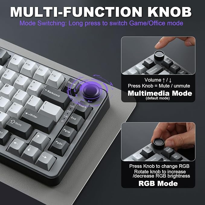 YUNZII B75 PRO 75% Wireless Mechanical Keyboard (Dark Grey,Cocoa V2) | Hot Swap Keyboard with Knob, Gasket Mount, Creamy Pre-lubed Switch for Smooth Typing, BT/USB-C/2.4G, for Gaming