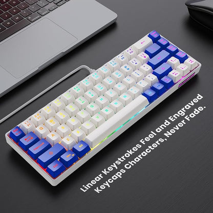 GEODMAER 65% Gaming Keyboard, LED Backlit Mini Wired Keyboard, Ultra-Compact Anti-Ghosting No-Conflict 68 Keys Membrane Gaming Wired Keyboard for PC Laptop Windows Gamer(White-Blue)