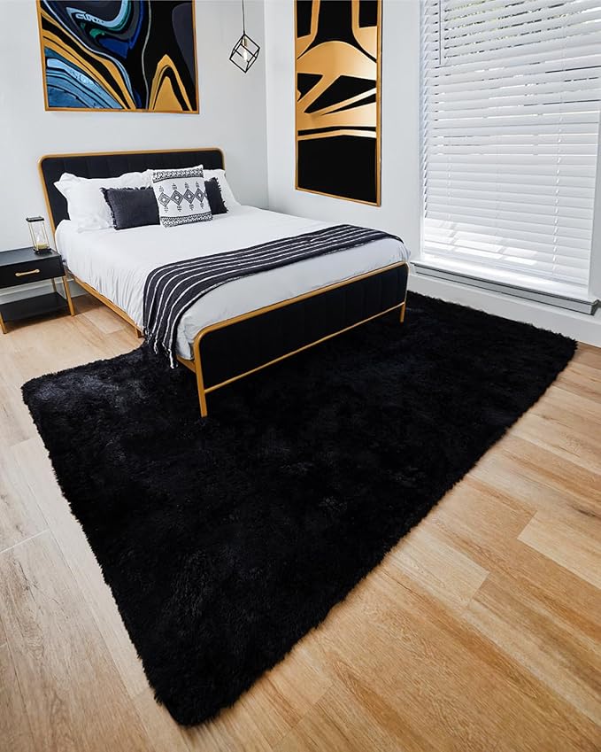 Ophanie Machine Washable 6 x 9 Rugs for Living Room,Black,Large Fluffy Fuzzy Plush Shag Comfy Soft，Non-Slip Indoor Floor Carpet,for Kids Boys Girls Dorm，Room,Bedroom,Playroom，Home Decor Aesthetic