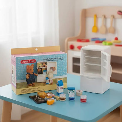 Family Dollhouse Refrigerator Set — Mini Fridge with Opening Doors, Interior Shelves, Milk Carton, Yogurt Tub, Ice Cream Cups & Topping Jars — Dollhouse Furniture & Accessories for Ages 3+