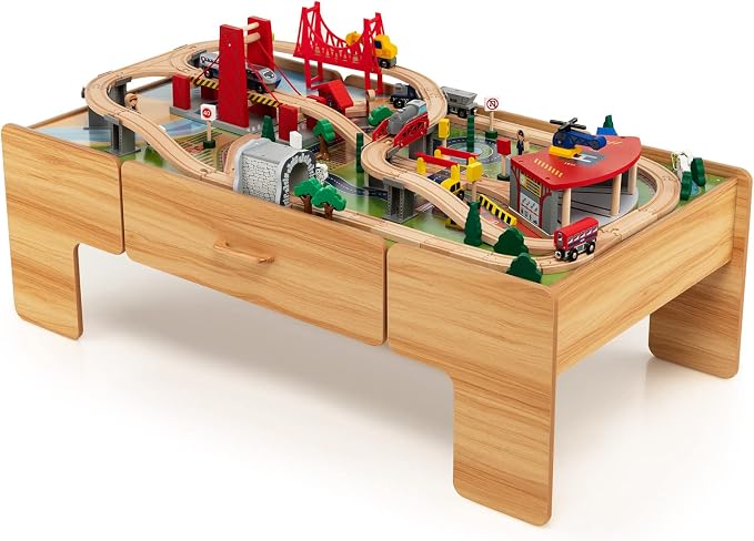 Costzon Train Table, 2 in 1 Kids Activity Table w/Storage Drawer, 100 Multicolor Pieces, Railway, Track, Cars, City, DIY Design, Reversible Tabletop, Gift for Boys Girls, Wooden Train Set (Natural)