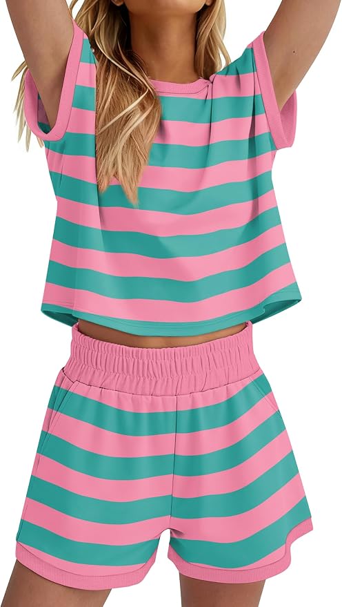 WIHOLL Two Piece Sets for Women Summer Lounge Short Sets Cap Sleeve Crew Neck Sweatsuit with Pocket XS-2XL
