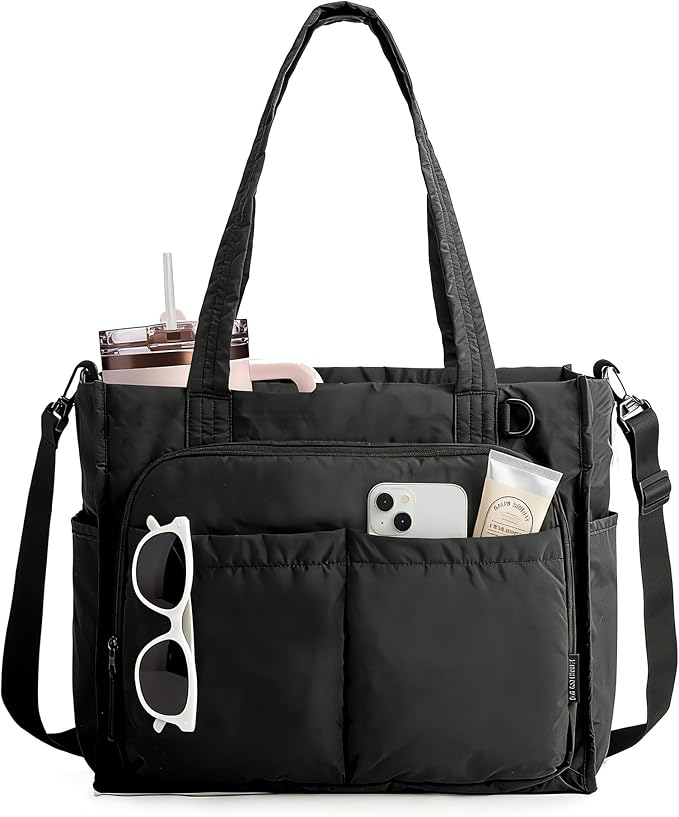 BAGSMART Small Tote Bag for Women, 13'' Laptop Canvas Work Bag with Zipper | 30oz/40oz Tumble & 11 Pockets Travel Tote, Teachers/Nurses, Lightweight Canvas or Water-Resistant Puffer Taslon Crossbody Bag