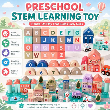 Migargle Wooden Building Blocks Set, 115 Pcs City Construction Stacker Stacking Preschool Learning Educational Toys, Toddler Toys for 3+ Year Old Boy and Girl Gifts