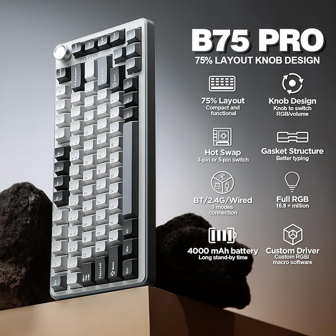YUNZII B75 PRO 75% Wireless Mechanical Keyboard (Grey, Cocoa Cream V2) | Hot Swap Keyboard with Knob, Gasket Mount, Creamy Pre-lubed Switch for Smooth Typing, BT/USB-C/2.4G, for Gaming