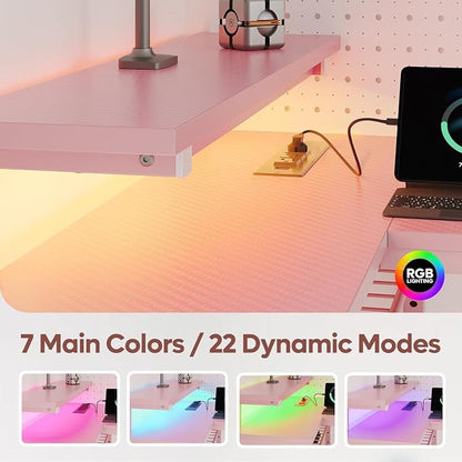 Bestier 42-Inch Pink L-Shaped Gaming Desk with Charging & LED | Charging 2AC+USB+Type-C, RGB LED 20 Colors/22 Modes, Reversible Shelves, Carbon Fiber Texture, Headset Hook, Small Space