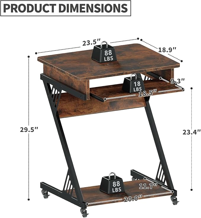 ALISENED Computer Desk for Small Spaces, 23.6" Z-Shaped Compact Study Table with Smooth Keyboard Tray with Wheels and Bottom Shelves for Home Office, Computer Cart Mobile Laptop Cart, Rustic Brown | 23.6" Z-Shaped, with Wheels and Bottom Shelves, for H...