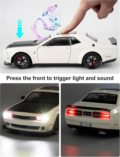 Compatible for 1/24 Dodge Challenger SRT Hellcat Car Model, Collectible Die-Cast Model Car with Lights and Sounds,Pull Back Car Toy for Adults Kids Birthday Gifts Decoration (White)