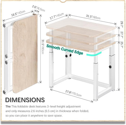 4NM No Tool Assembly 31.5" Small Desk, Folding Portable Desk with Wheels, Adjustable Height Foldable Computer Home Office Desks, Collapsible Study Writing Table for Space Saving Bedroom - Cloud Oak