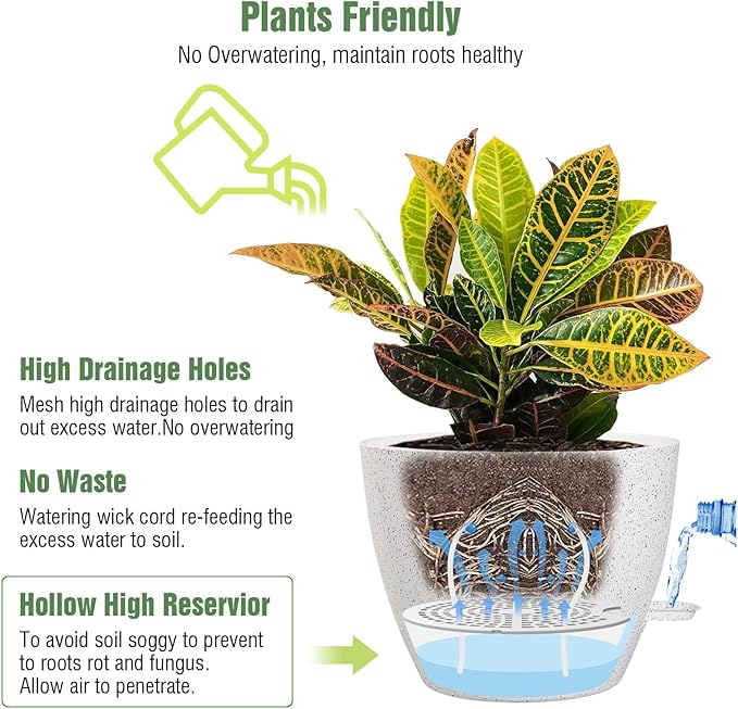 10/9/8 inch Self Watering Pots, Set of 3 Plastic Planters with Mesh Drainage Holes and Deep Reservoir for Indoor Outdoor Garden Plants and Flowers, White Speckles