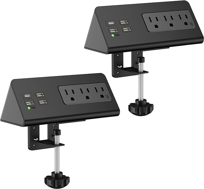 Nightstand Edge Mount Power Strip with USB-C Ports Tabletop Surge Protector Desk Clamp Power Sockets with 3 AC Outlets &4 Fast Charging USB Ports for Home Office Hotel and Dormitory (Black(2-Pack))